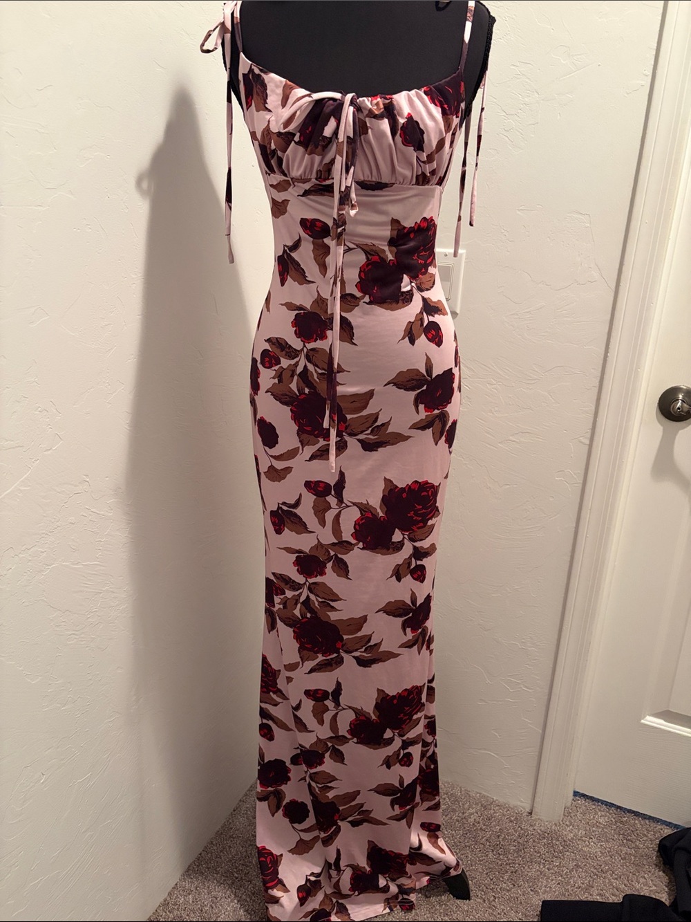 Floral Tie-Strap Maxi Dress - Pink with Red Rose Print